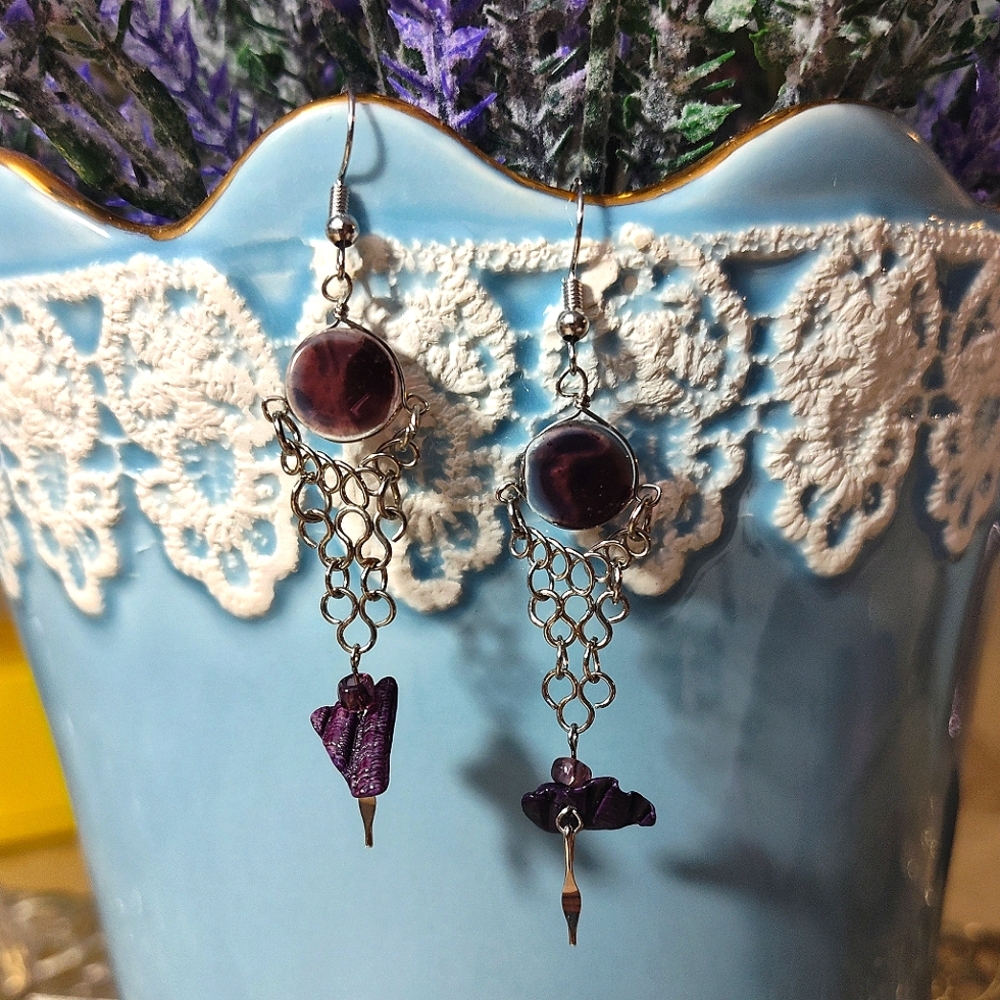 Elegant Silver Metal and Purple Glass Stone Dangle Earrings Jewelry